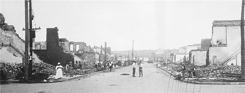  This photo illustrates this devastation from Greenwood Avenue and Archer Street. "After the race riots, June 1st, 1921, Tulsa, Okla.," American National Red Cross photograph collection, Library of Congress. 